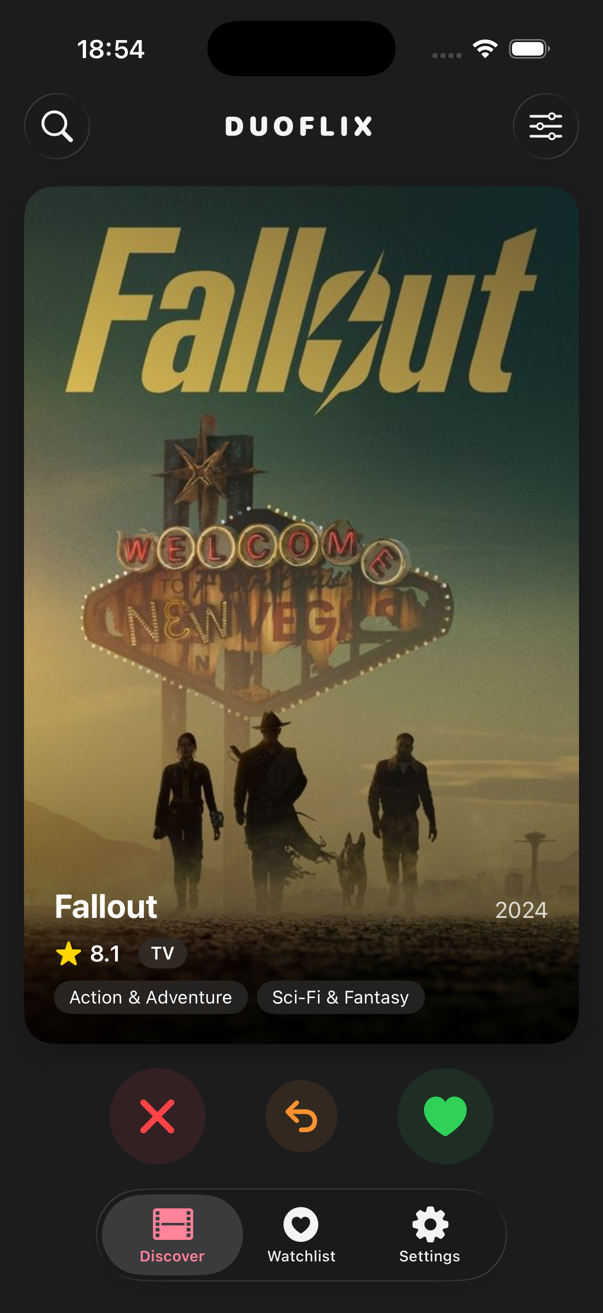 DuoFlix discover feed showing Fallout with swipe buttons